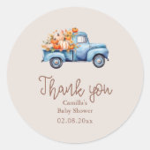 Herfst Boy Baby shower Blauwe Pompoen Vrachtwagen Ronde Sticker (Voorkant)