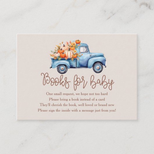 Herfst Boy Baby shower Pompoen Truck Boeken voor B Informatiekaartje (Voorkant)