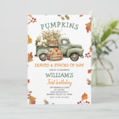 Herfst Boy Pumpkin Sage Green Truck Verjaardag Her Kaart (Staand voorkant)