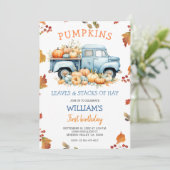 Herfst Boy Pumpkin Stoffige blauwe truck Verjaarda Kaart (Staand voorkant)