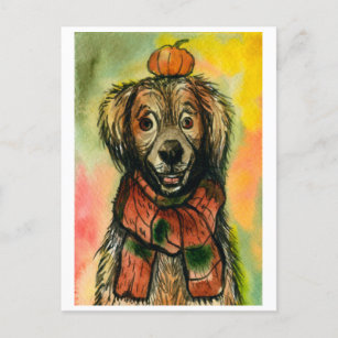 Herfst Briefkaart, hond met pompoen, herfst Briefkaart