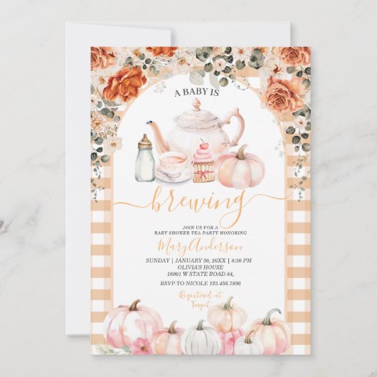 Herfst Brouwen Roze Bloemen Tea Party Baby shower Kaart (Voorkant)