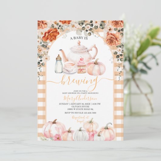 Herfst Brouwen Roze Bloemen Tea Party Baby shower Kaart (Staand voorkant)