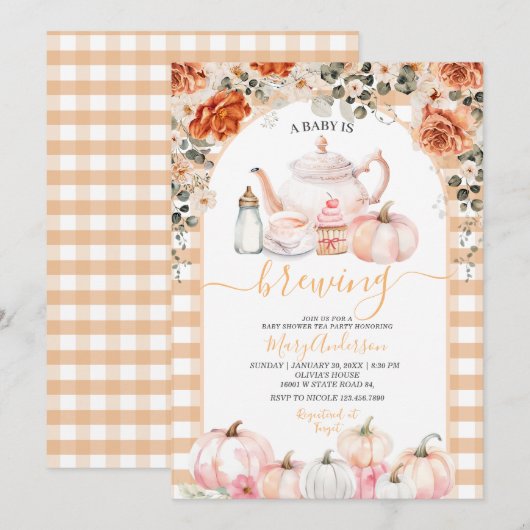 Herfst Brouwen Roze Bloemen Tea Party Baby shower Kaart (Voorkant / Achterkant)