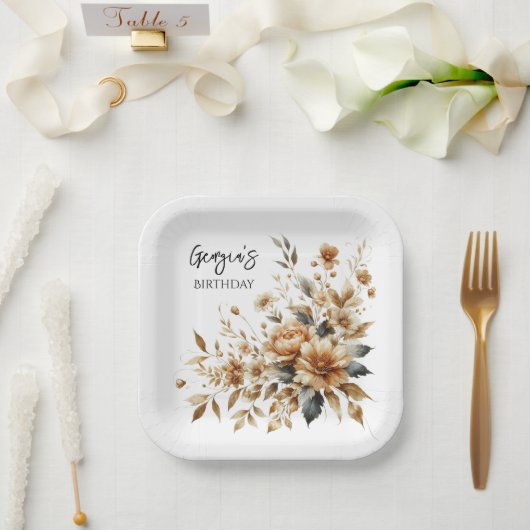 Herfst Brown Floral Elegant Verjaardagsfeest Papieren Bordje (Huwelijk)