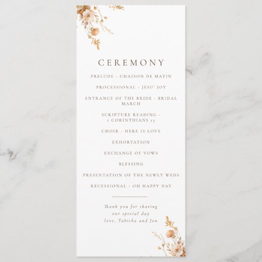 Herfst Brown & Sinaasappel Wildflowers Wedding Pro Programmakaart (Achterkant)