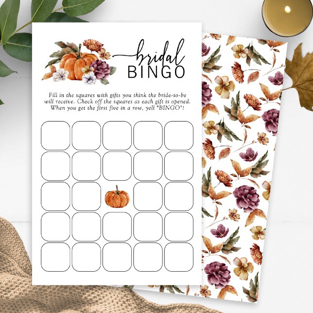 Herfst bruids bingogame (Fall Bridal Bingo Game Fall In Love Bridal Shower Pumpkin Florals by Painted Paperie)
