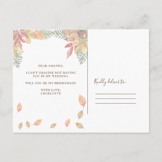 Herfst bruidsmeisje of getuige huwelijksaanzoek uitnodiging briefkaart (Achterkant)
