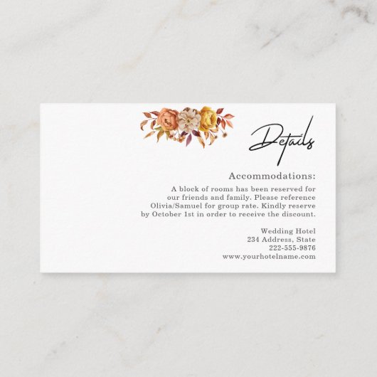 Herfst bruiloft Accommodatie Details Informatiekaartje (Achterkant)