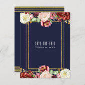Herfst Bruiloft Blauw Goud Bloemen Marsala Opslaan Aankondigingskaart (Voorkant / Achterkant)