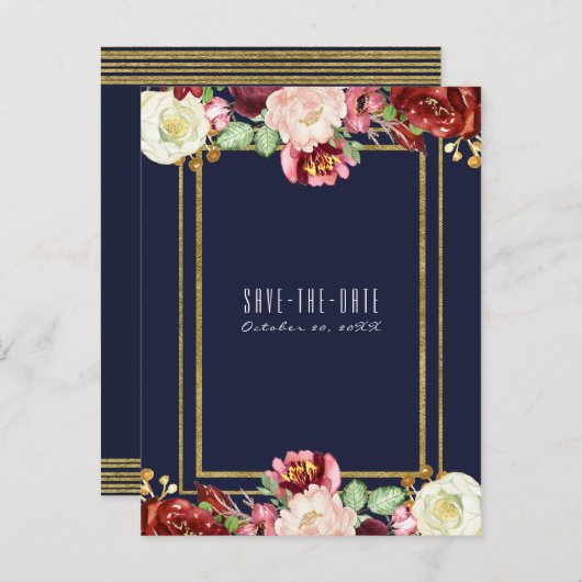 Herfst Bruiloft Blauw Goud Bloemen Marsala Opslaan Aankondigingskaart (Voorkant / Achterkant)