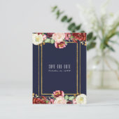 Herfst Bruiloft Blauw Goud Bloemen Marsala Opslaan Aankondigingskaart (Staand voorkant)