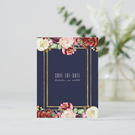 Herfst Bruiloft Blauw Goud Bloemen Marsala Opslaan Aankondigingskaart (Staand voorkant)