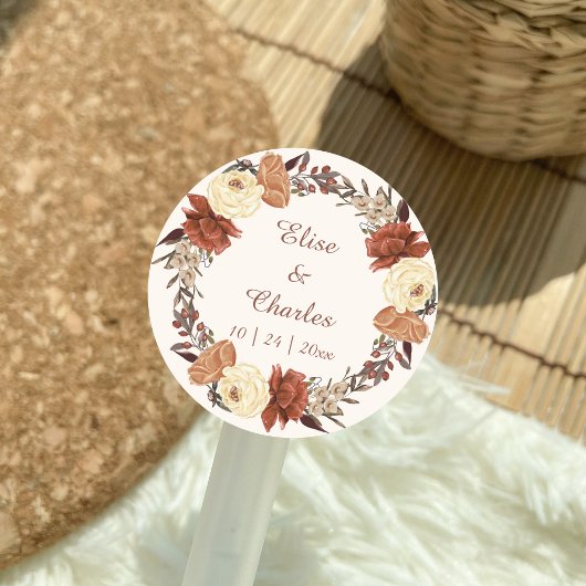 Herfst bruiloft bloemenkrans ronde sticker