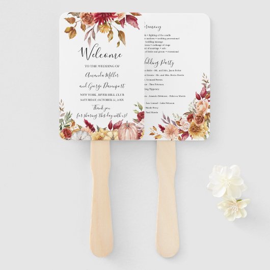 Herfst bruiloft bloemenprogramma fan handwaaier (Voorkant en achterkant)