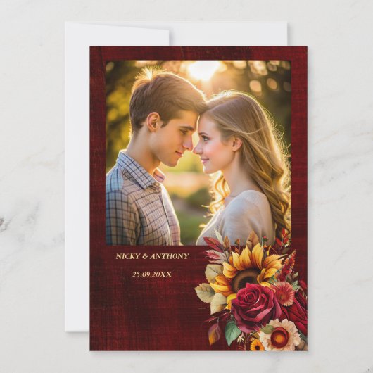 Herfst bruiloft bordeaux rozen geel zonnebloem fot save the date (Achterkant)