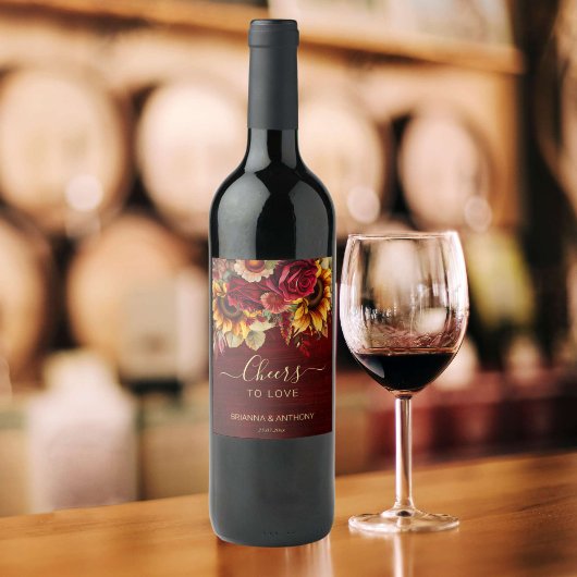 Herfst bruiloft bordeaux rozen zonnebloemen gejuic wijn etiket