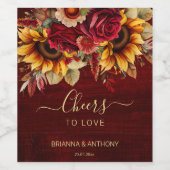 Herfst bruiloft bordeaux rozen zonnebloemen gejuic wijn etiket (Enkel label)