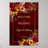 Herfst bruiloft bordeaux rozen zonnebloemen welkom poster (Voorkant)