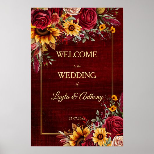Herfst bruiloft bordeaux rozen zonnebloemen welkom poster (Voorkant)