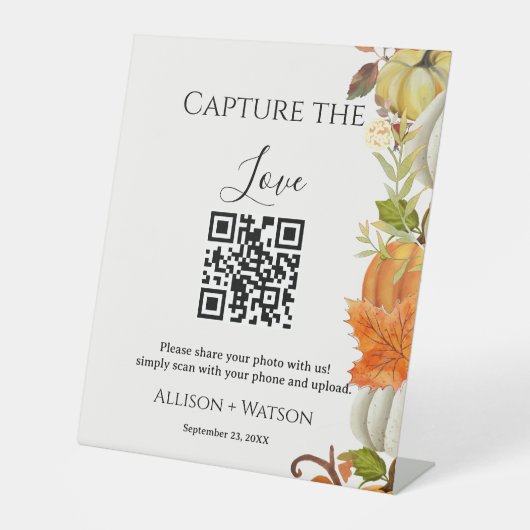 Herfst bruiloft Capture liefde QR code bruiloft fo Reclamebord Met Voetstuk (Voorkant)