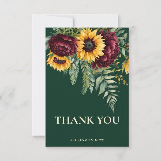 Herfst bruiloft groen rustieke zonnebloemen bedankkaart (Voorkant)