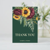 Herfst bruiloft groen rustieke zonnebloemen bedankkaart (Staand voorkant)