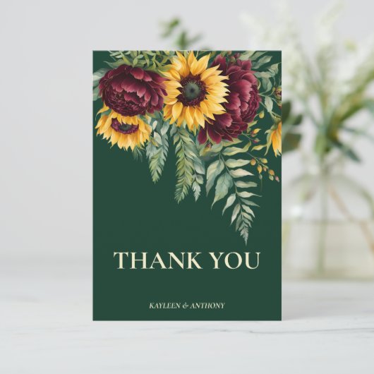 Herfst bruiloft groen rustieke zonnebloemen bedankkaart (Staand voorkant)