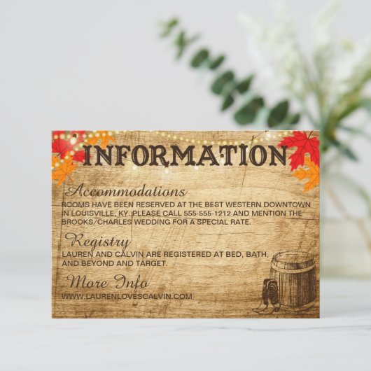 Herfst Bruiloft Informatie kaart voor Rustieke Bru (Staand voorkant)