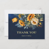 Herfst bruiloft marine blauw rustieke zonnebloem bedankkaart (Voorkant)