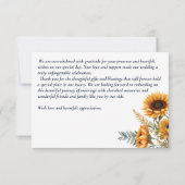 Herfst bruiloft marine blauw rustieke zonnebloem bedankkaart (Achterkant)