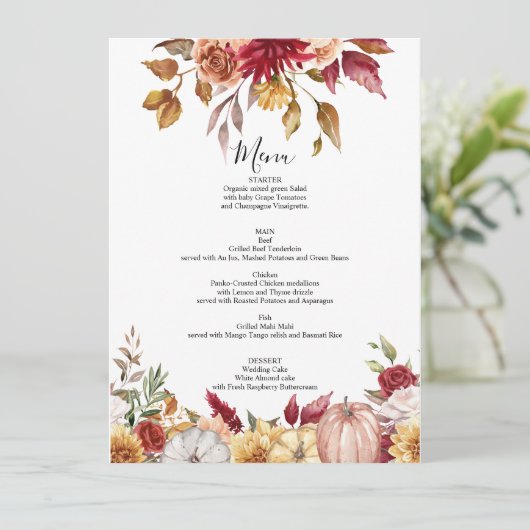 Herfst Bruiloft Menukaart Bloemen (Staand voorkant)