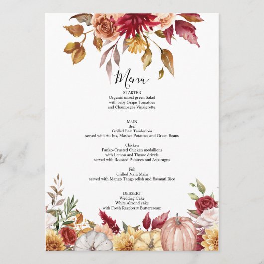 Herfst Bruiloft Menukaart Bloemen (Voorkant)