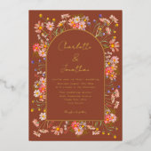 Herfst Bruiloft met Wilde Bloemen Verbrand Oranje Folie Uitnodiging (Voorkant)