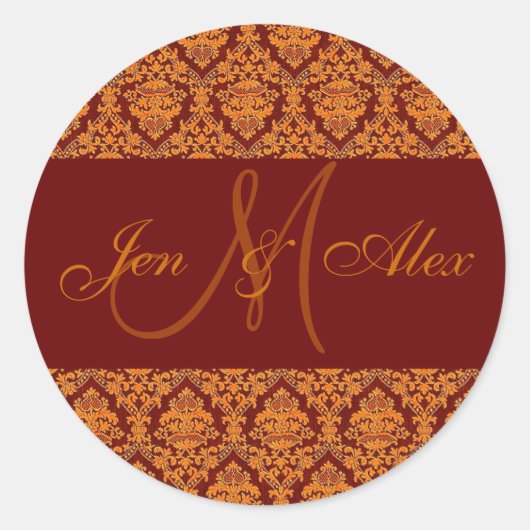 Herfst Bruiloft Namen & Monogram Goud Sinaasappel  Ronde Sticker (Voorkant)
