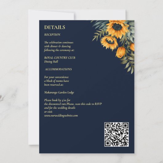 Herfst bruiloft navy blauw rustieke zonnebloem all kaart (Achterkant)