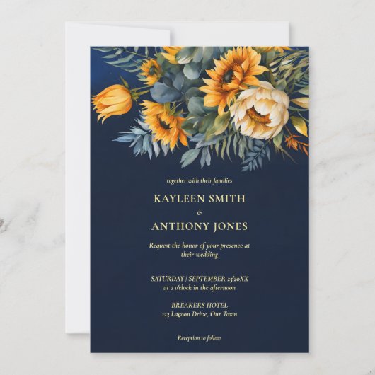 Herfst bruiloft navy blauw rustieke zonnebloem all kaart (Voorkant)