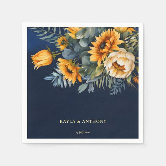 Herfst bruiloft navy blauw rustieke zonnebloem ged servet (Voorkant)