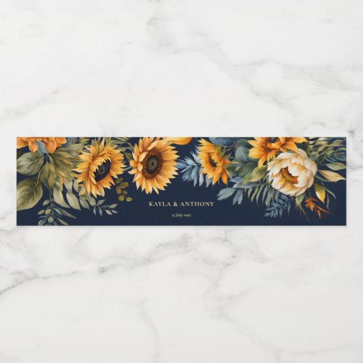 Herfst bruiloft navy blauw rustieke zonnebloem ged waterfles etiket (Enkel label)