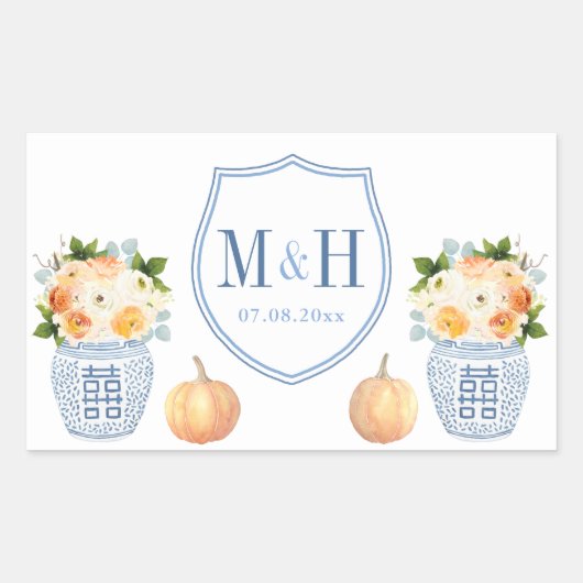 Herfst bruiloft pompoenen blauw en wit kuif gunst rechthoekige sticker (Voorkant)