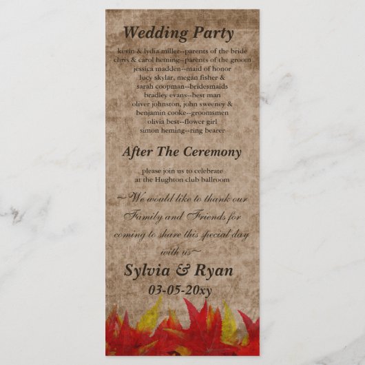 herfst bruiloft programma programmakaart (Achterkant)