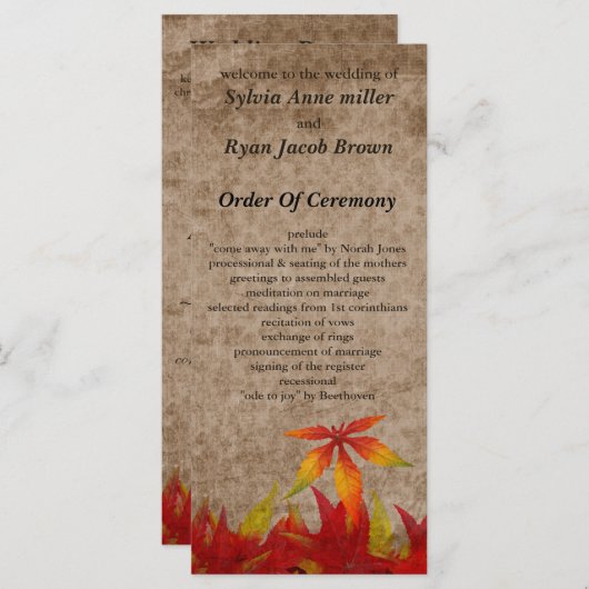 herfst bruiloft programma programmakaart (Voorkant / Achterkant)