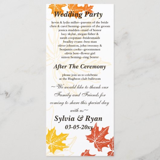 herfst bruiloft programma programmakaart (Achterkant)