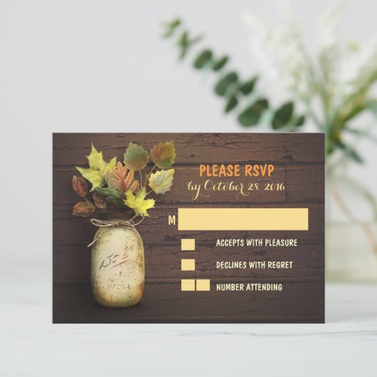 Herfst bruiloft RSVP kaarten met metselaar potje (Staand voorkant)
