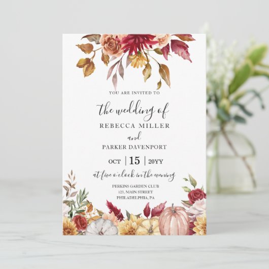 Herfst Bruiloft rustieke bloemen en pompoenen Kaart (Staand voorkant)