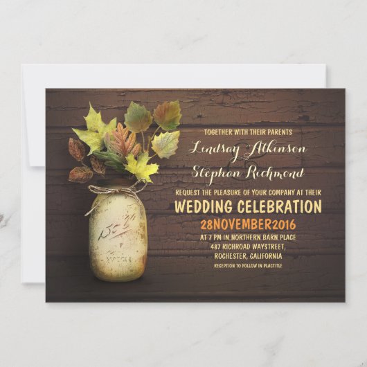 Herfst bruiloft & rustieke metselaar jar uitnodigi kaart (Voorkant)