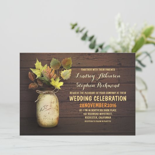 Herfst bruiloft & rustieke metselaar jar uitnodigi kaart (Staand voorkant)