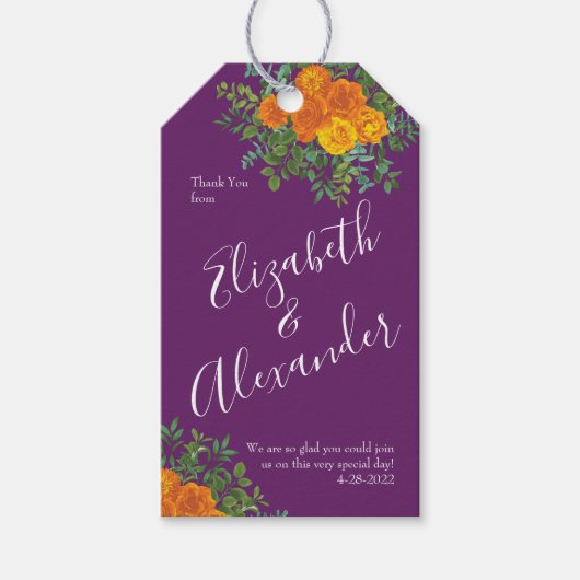 Herfst Bruiloft Sinaasappel Roos Paarse Cadeaulabel (Voorkant)