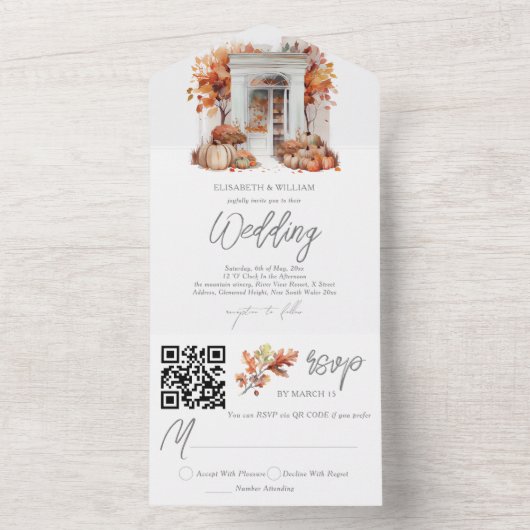 Herfst bruiloft voordeur RSVP QR-code All In One Uitnodiging (Binnen)