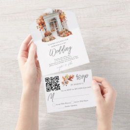 Herfst bruiloft voordeur RSVP QR-code All In One Uitnodiging